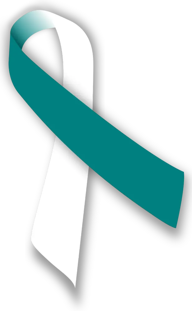 ริบบิ้นสีฟ้าอมเขียว (teal) และขาว สัญลักษณ์การรณรงค์ตระหนักรู้มะเร็งปากมดลูกที่ใช้ทั่วโลก