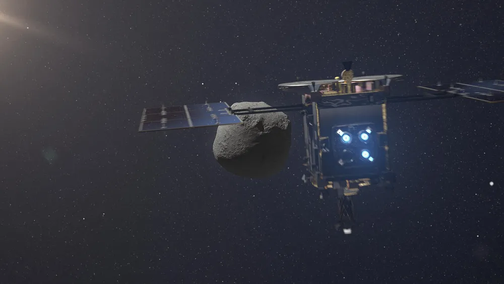 ภาพจำลองยาน Hayabusa2 ของญี่ปุ่นเมื่อใกล้ดาวเคราะห์น้อย Ryugu — สะท้อนภารกิจสำรวจดาวเคราะห์น้อยในลักษณะเดียวกับ Tianwen-2 ที่ Kamoʻoalewa
